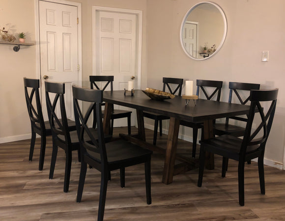 9 Piece Farmhouse Style 84”L Trestle Base Dining Table Set- Black Espresso Finish W/ 8 New Chair