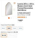 New “Kate & Laurel” (20”Wx30”H) Vert Gold Framed Arch Mirror