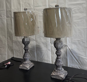 NEW (Set/2) 26"H Distressed Balustrade Resin Table Lamps, Cottage Antique Brown Finish